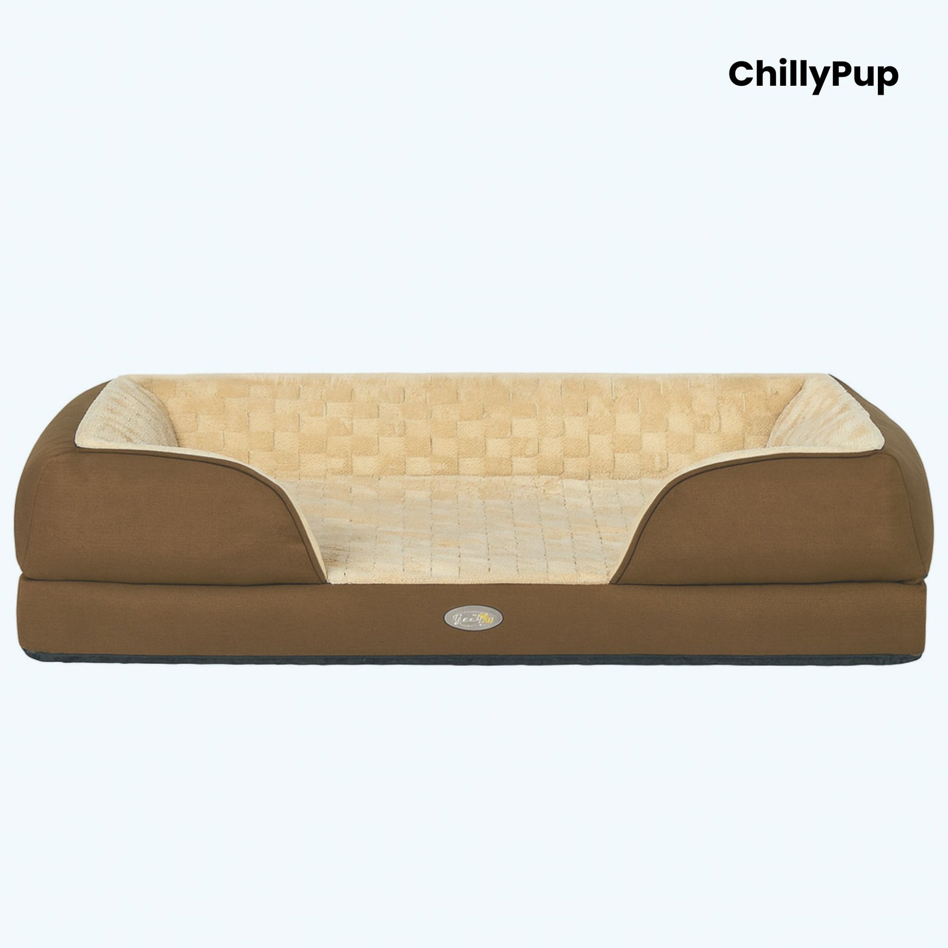 Brown pet bed with quilted beige interior on a white background, branded 'ChillyPup'.