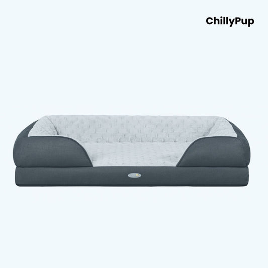 Grey pet bed with quilted design on a white background, branded 'ChillyPup'.