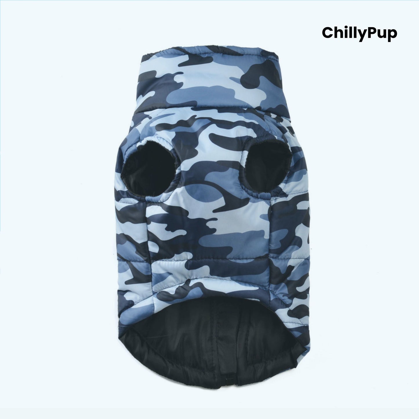 CamoGuard Padded Dog Coat with ChillyPup branding. 