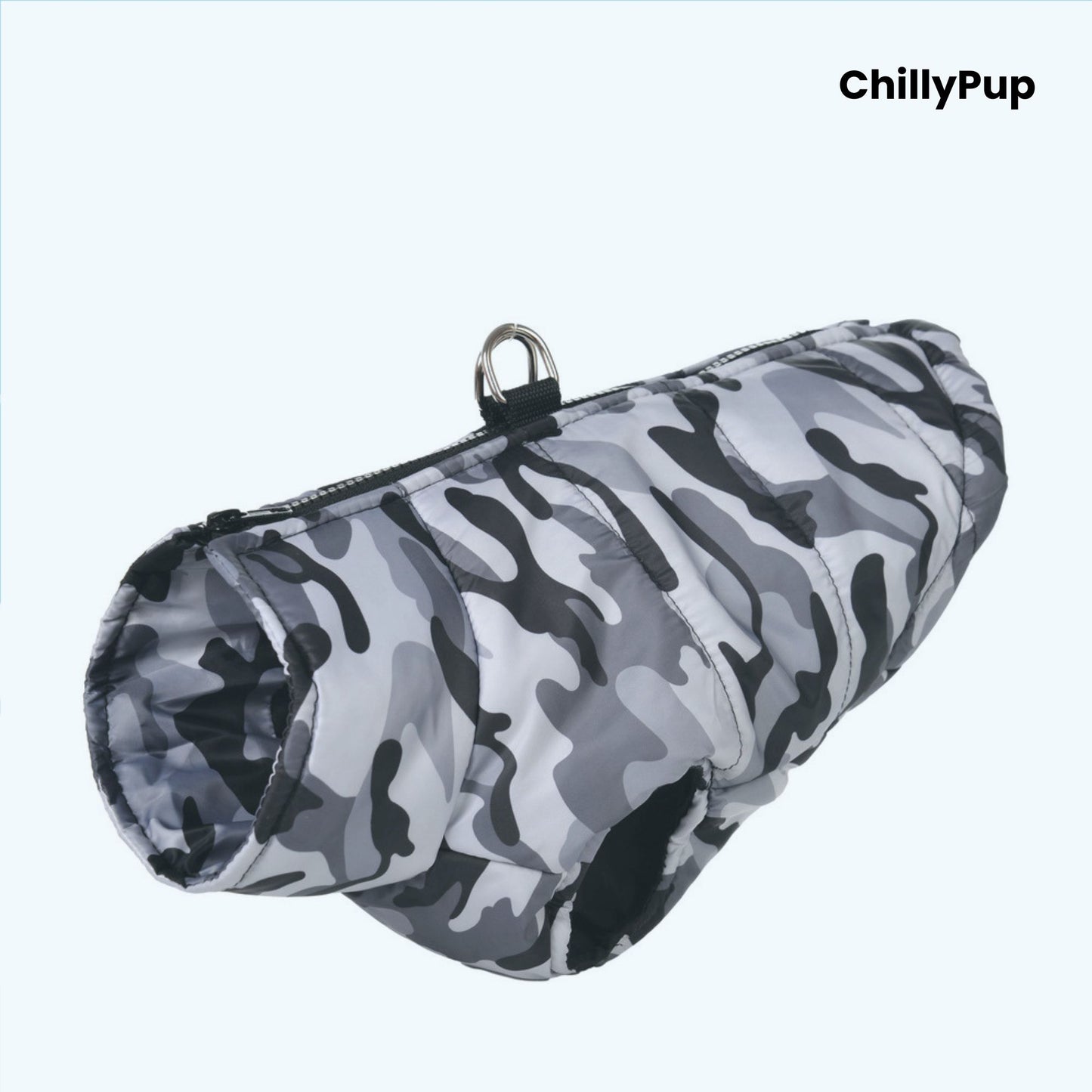 CamoGuard Padded Dog Coat with ChillyPup branding. 
