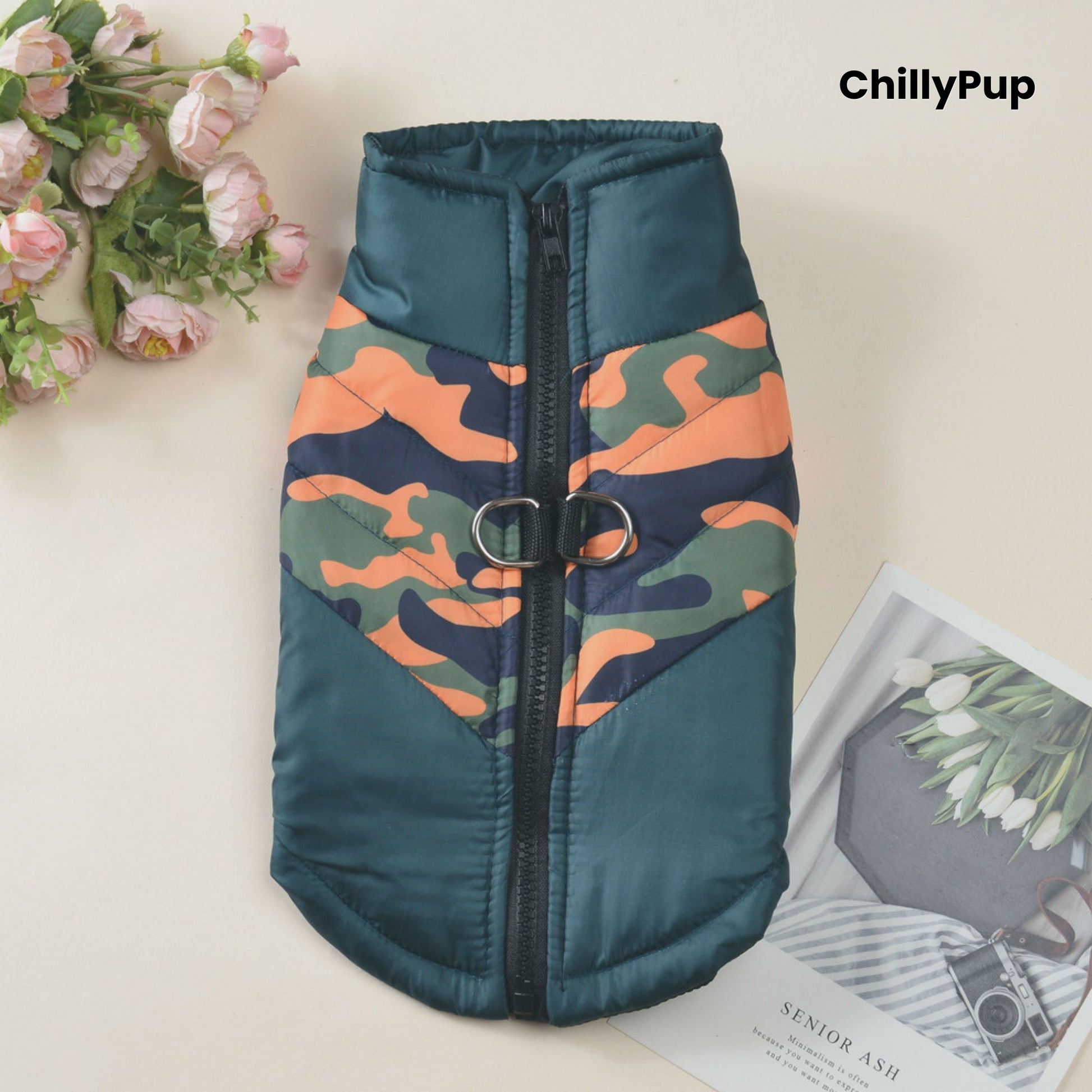 Camouflage-patterned dog coat with 'ChillyPup' branding on a light background.