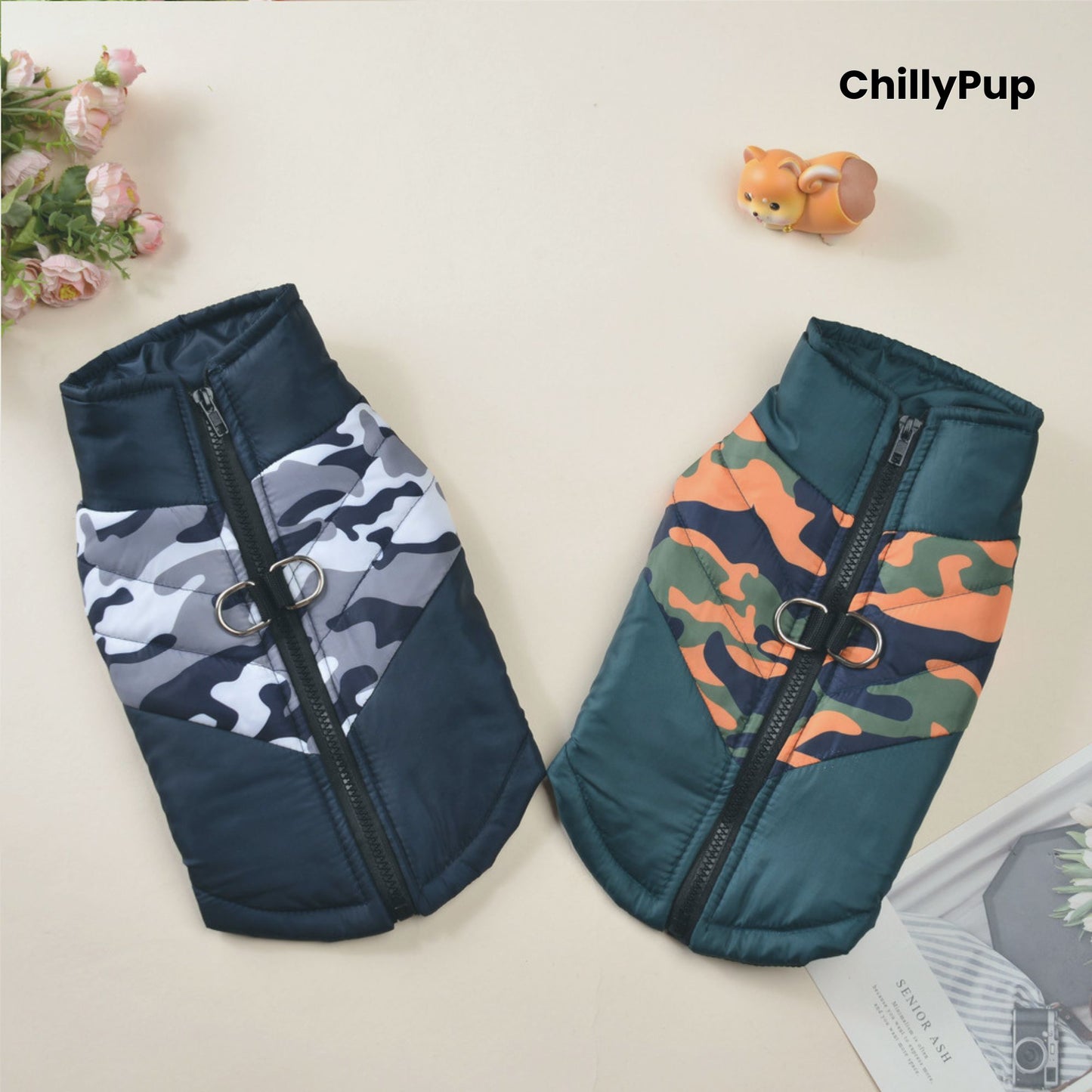 Two camouflage-patterned dog jackets with zippers on a light background, branded 'ChillyPup'.