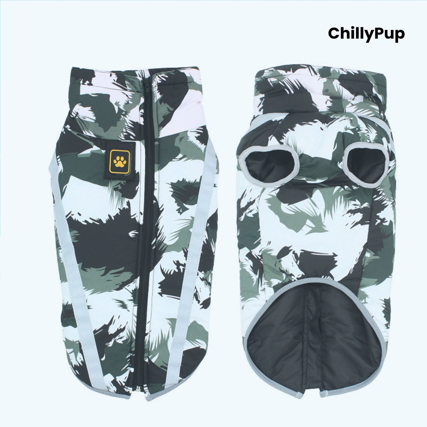 Camouflage Performance Dog Coat with Reflective Trim  with ChillyPup branding