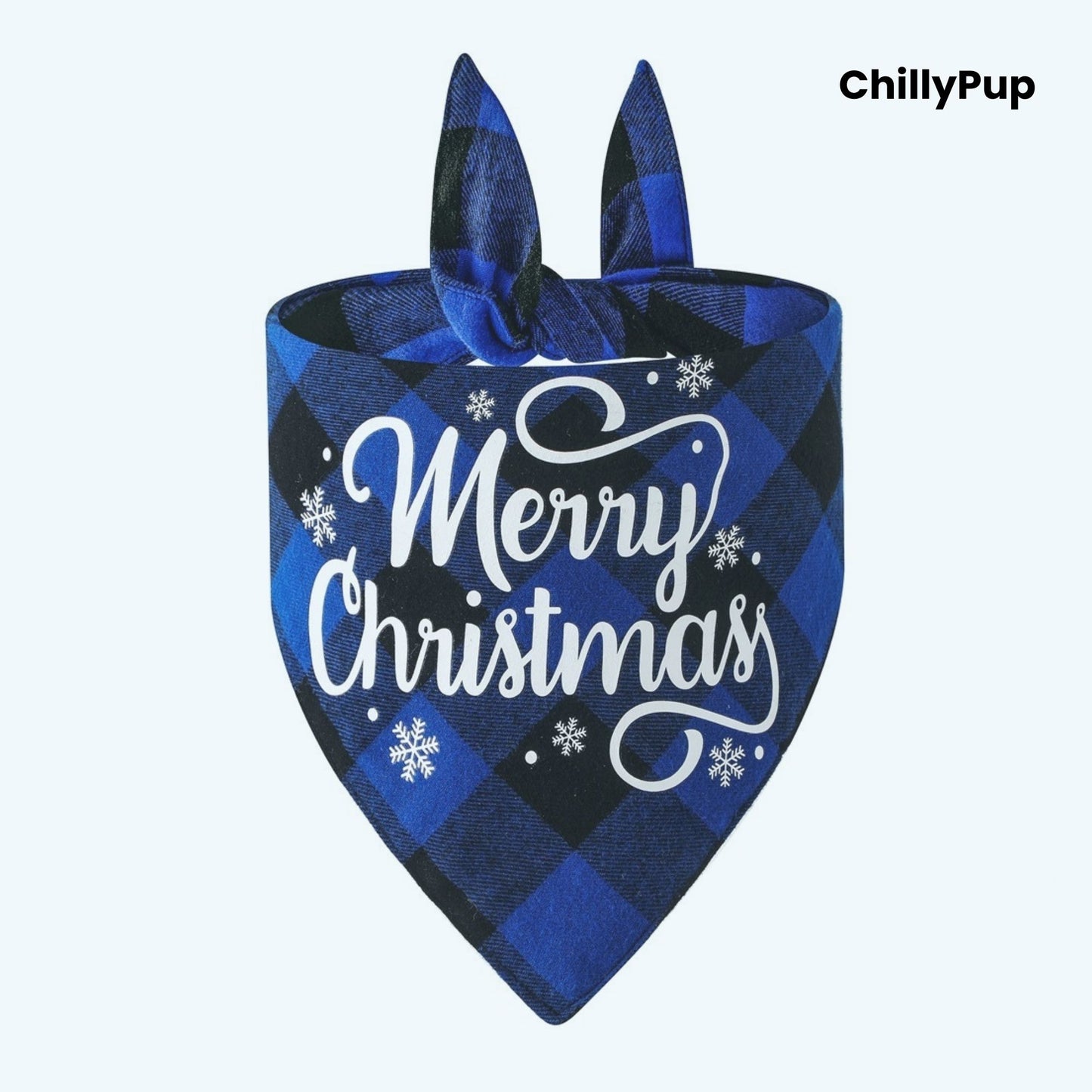 Blue plaid dog bandana with 'Merry Christmas' text design on a white background, branded 'ChillyPup'.