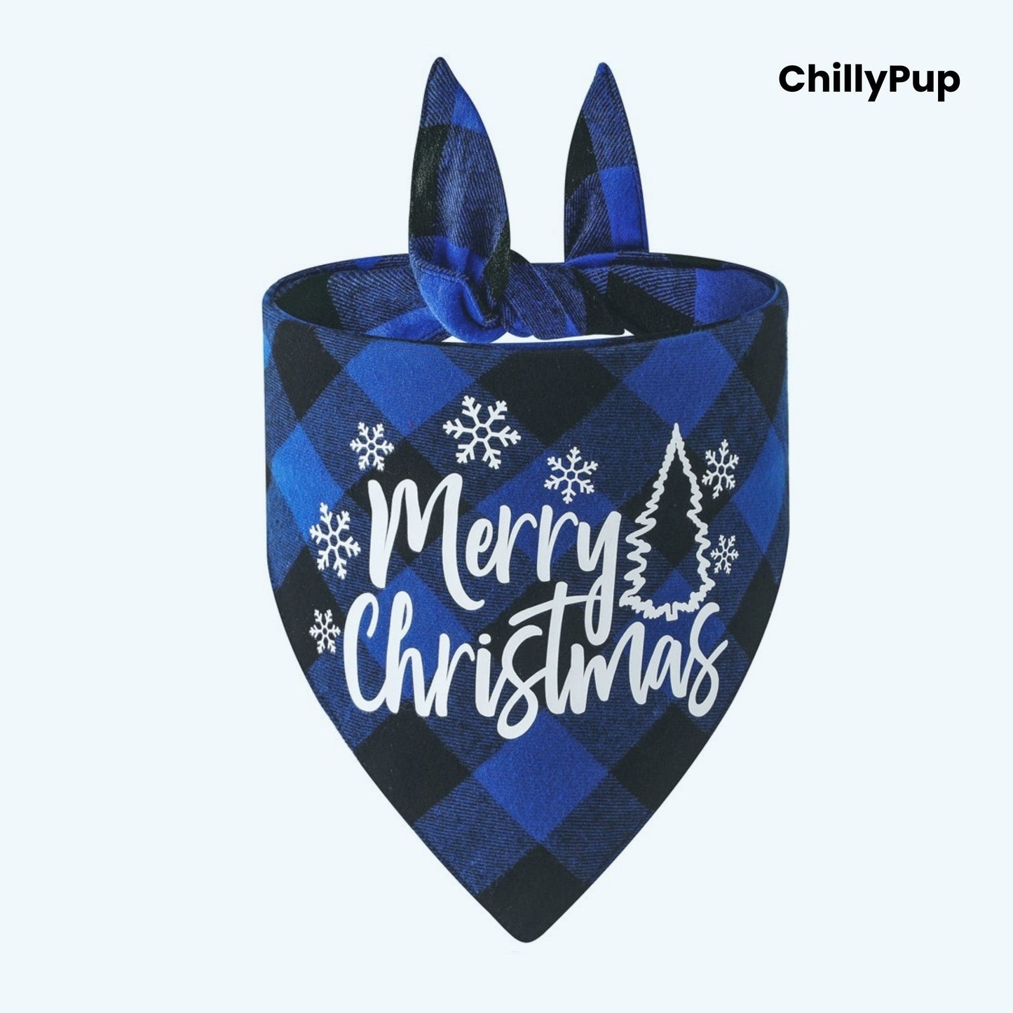 Blue plaid dog bandana with 'Merry Christmas' text design on a white background, branded 'ChillyPup'.