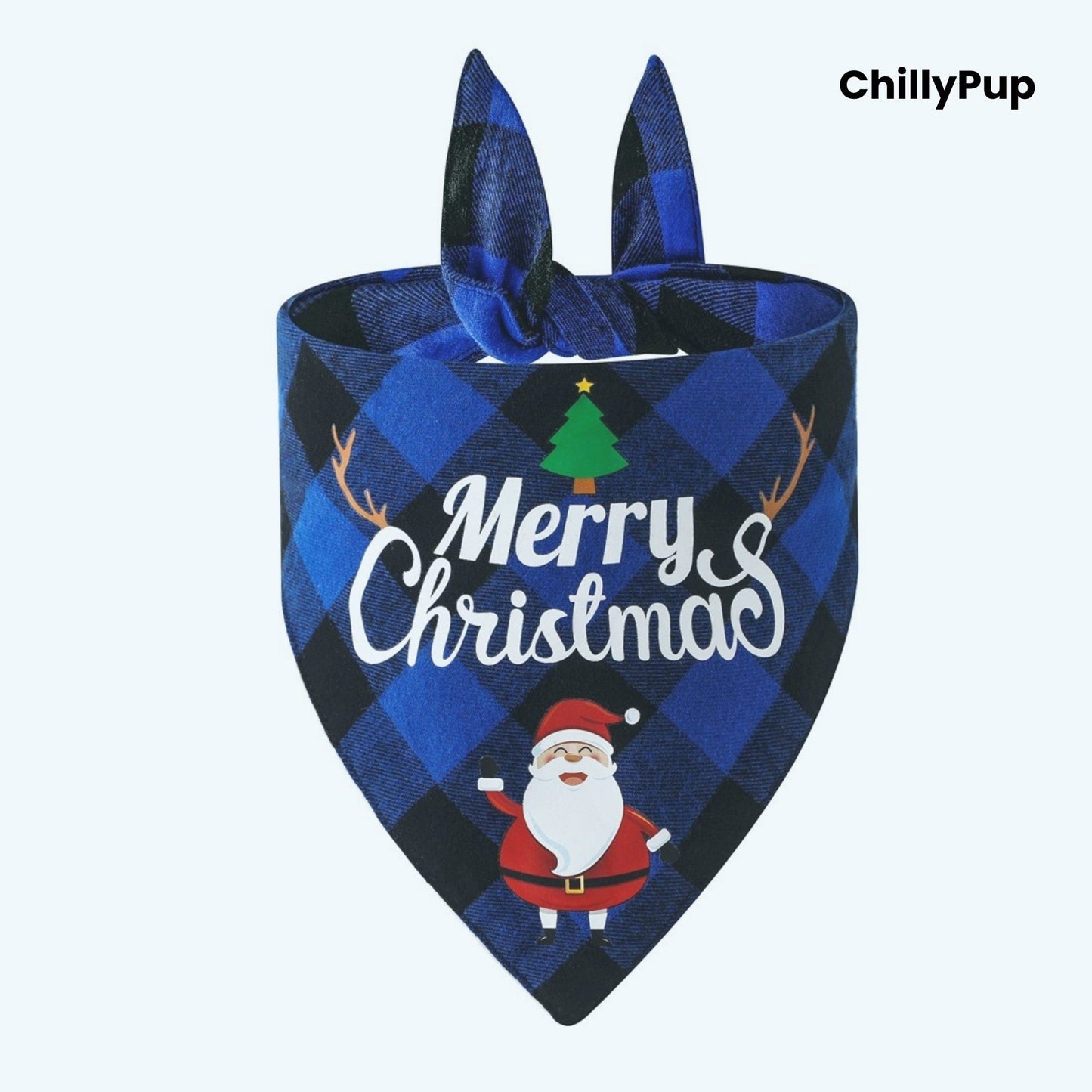 Blue plaid dog bandana with 'Merry Christmas' text and Santa design on a white background, branded 'ChillyPup'.