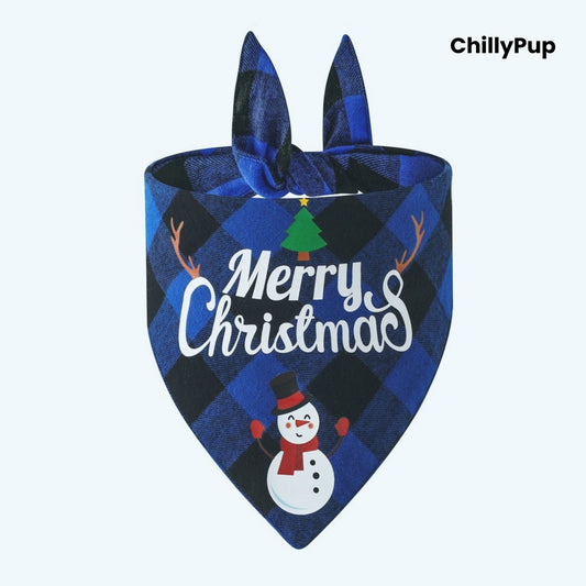 Blue plaid dog bandana with 'Merry Christmas' text and snowman design on a white background, branded 'ChillyPup'.