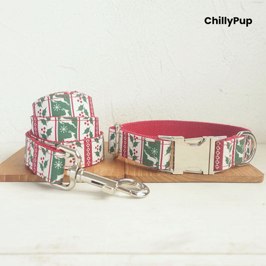 Dog collar and lead set with Christmas pattern on a white background, branded 'ChillyPup'.
