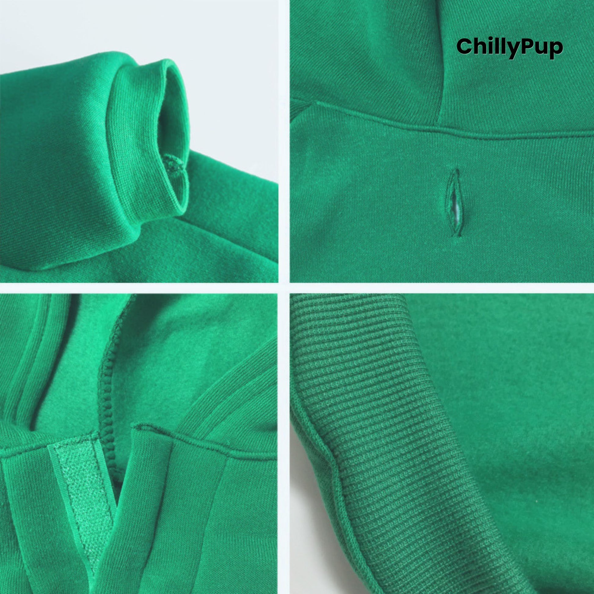 Green dog hoodie with reindeer design and 'ChillyPup' branding on a white background