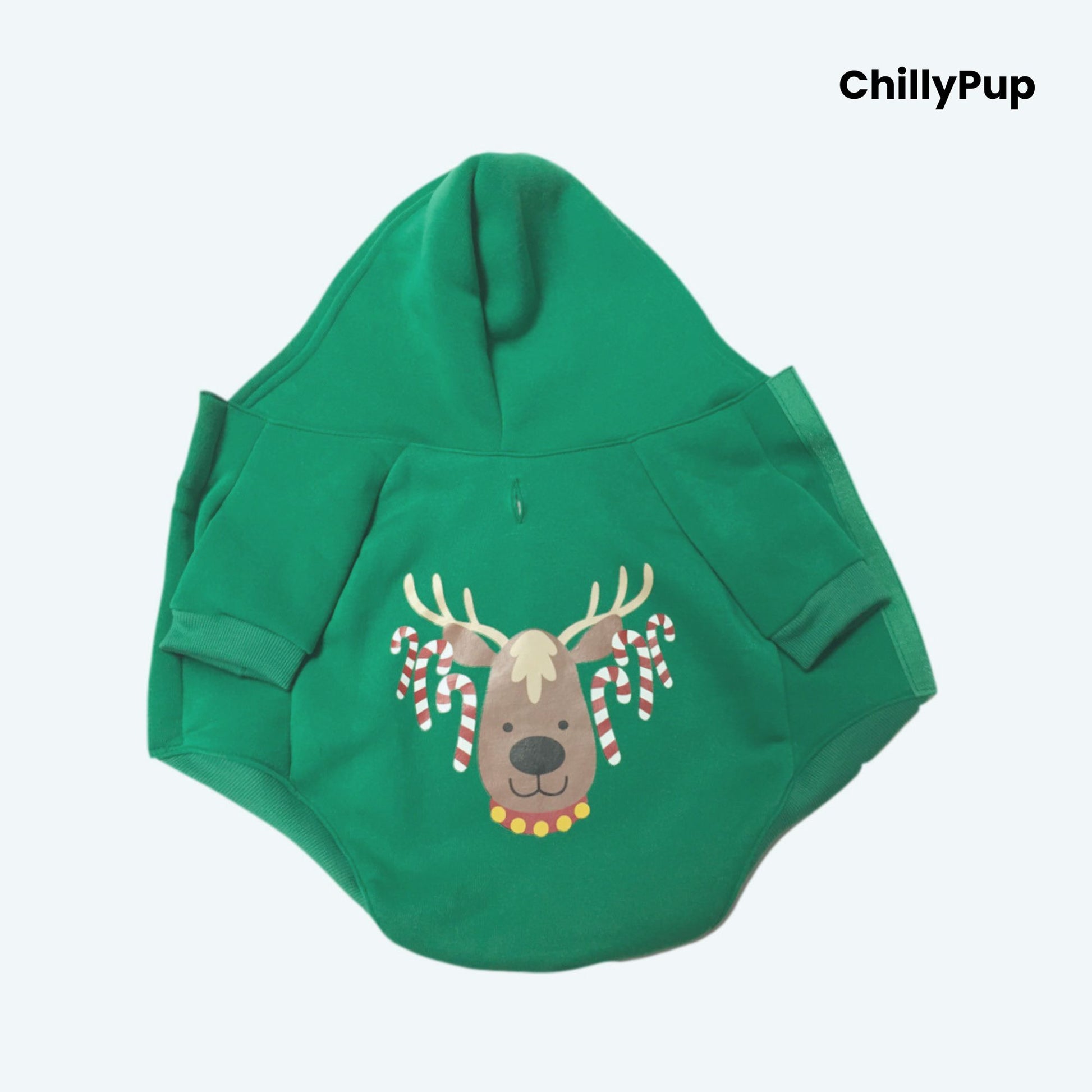 Green dog hoodie with reindeer design and 'ChillyPup' branding on a white background