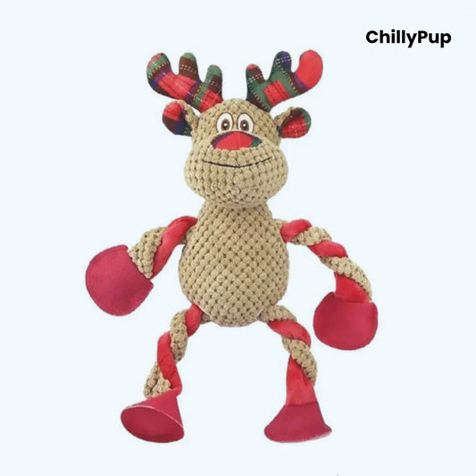 Dog toy shaped like a reindeer with red and white rope, wearing a plaid hat, on a white background. Brand 'ChillyPup' visible.