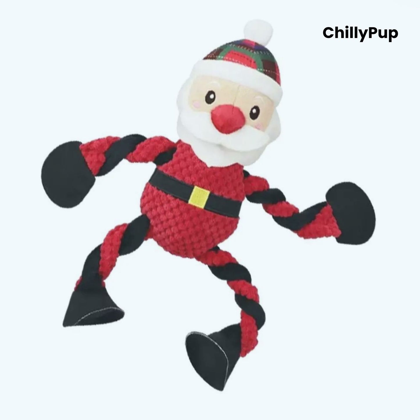 Dog toy shaped like a santa with red and white rope, wearing a plaid hat, on a white background. Brand 'ChillyPup' visible.