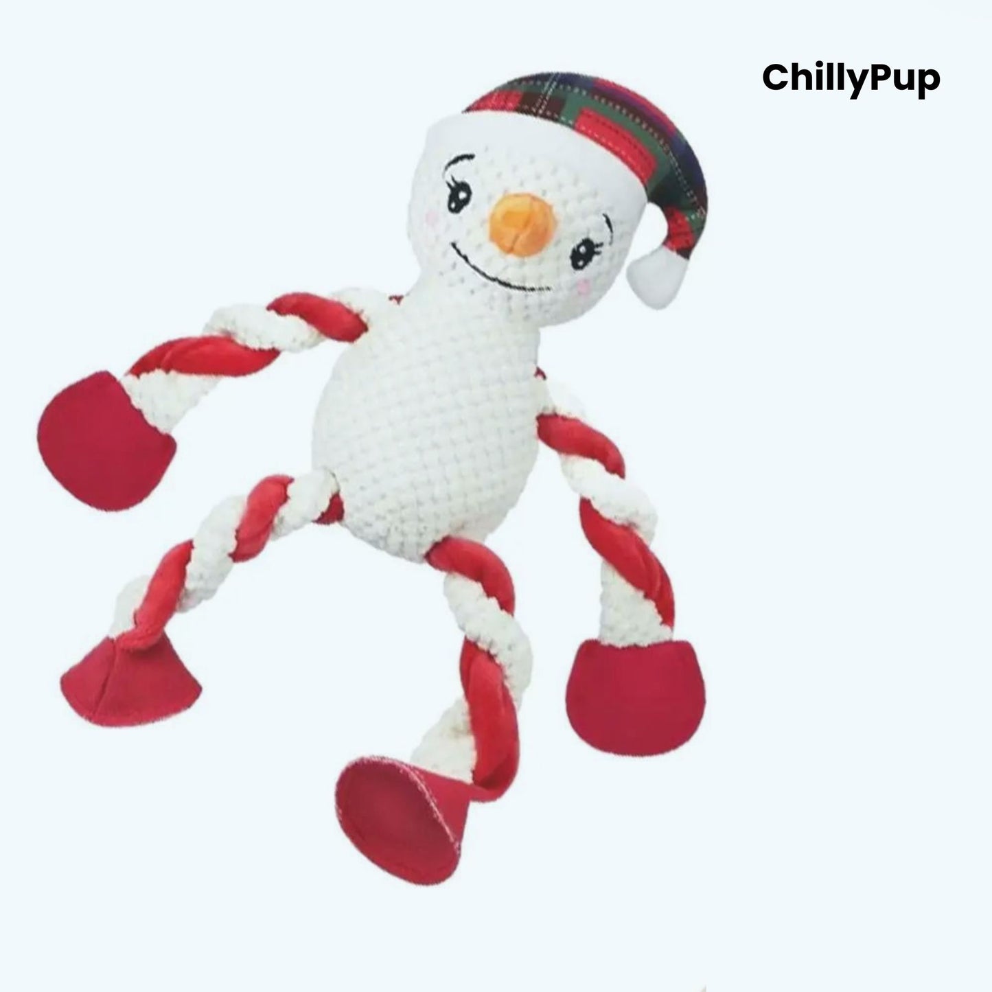 Dog toy shaped like a snowman with red and white rope, wearing a plaid hat, on a white background. Brand 'ChillyPup' visible.