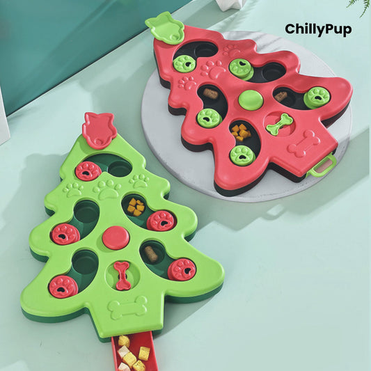 Green and red dog toy shaped like a Christmas tree on a white background with 'ChillyPup' 