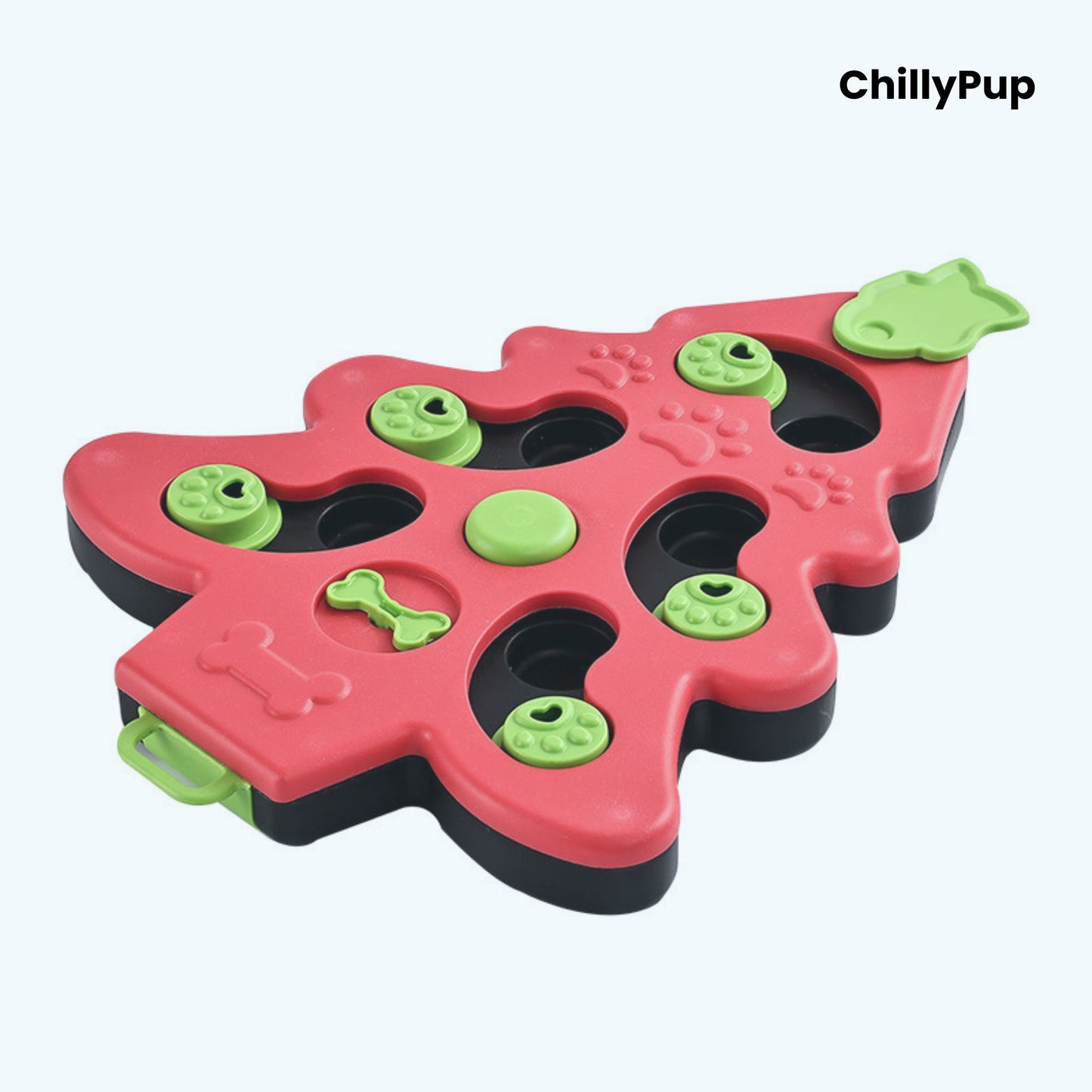 Green and red dog toy shaped like a Christmas tree on a white background with 'ChillyPup' branding.