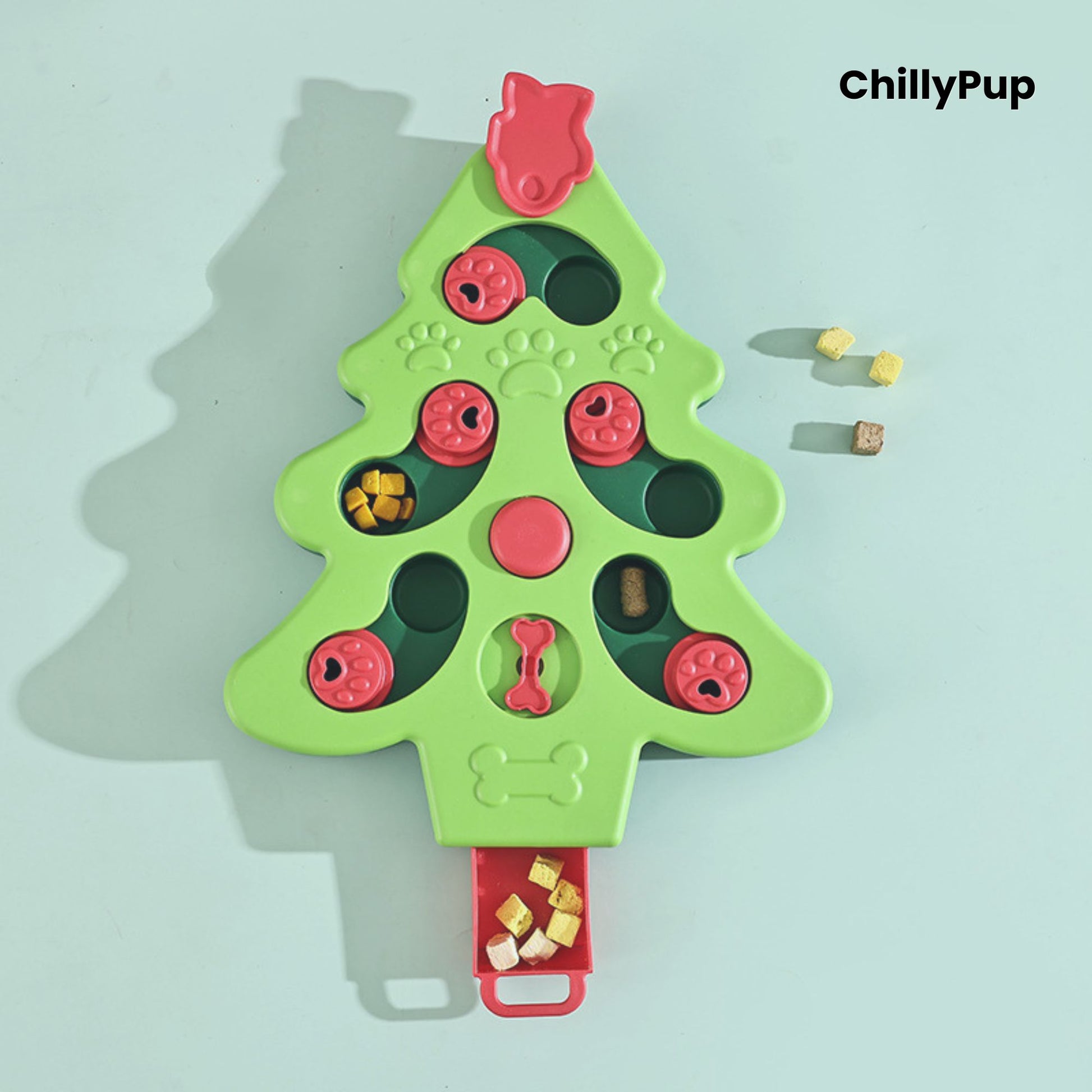 Green and red dog toy shaped like a Christmas tree on a white background with 'ChillyPup' branding.