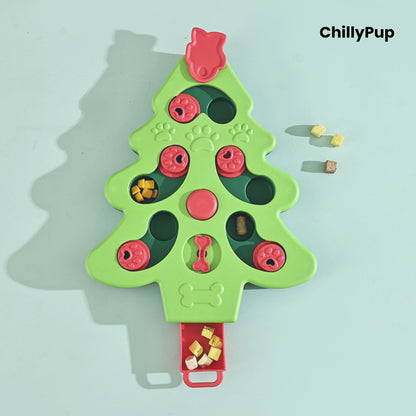Green and red dog toy shaped like a Christmas tree on a white background with 'ChillyPup' branding.