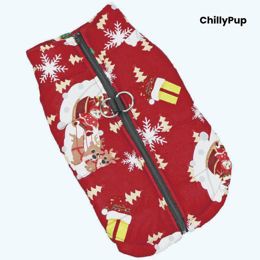 red dog coat with Christmas-themed pattern on a white background, branded 'ChillyPup'.