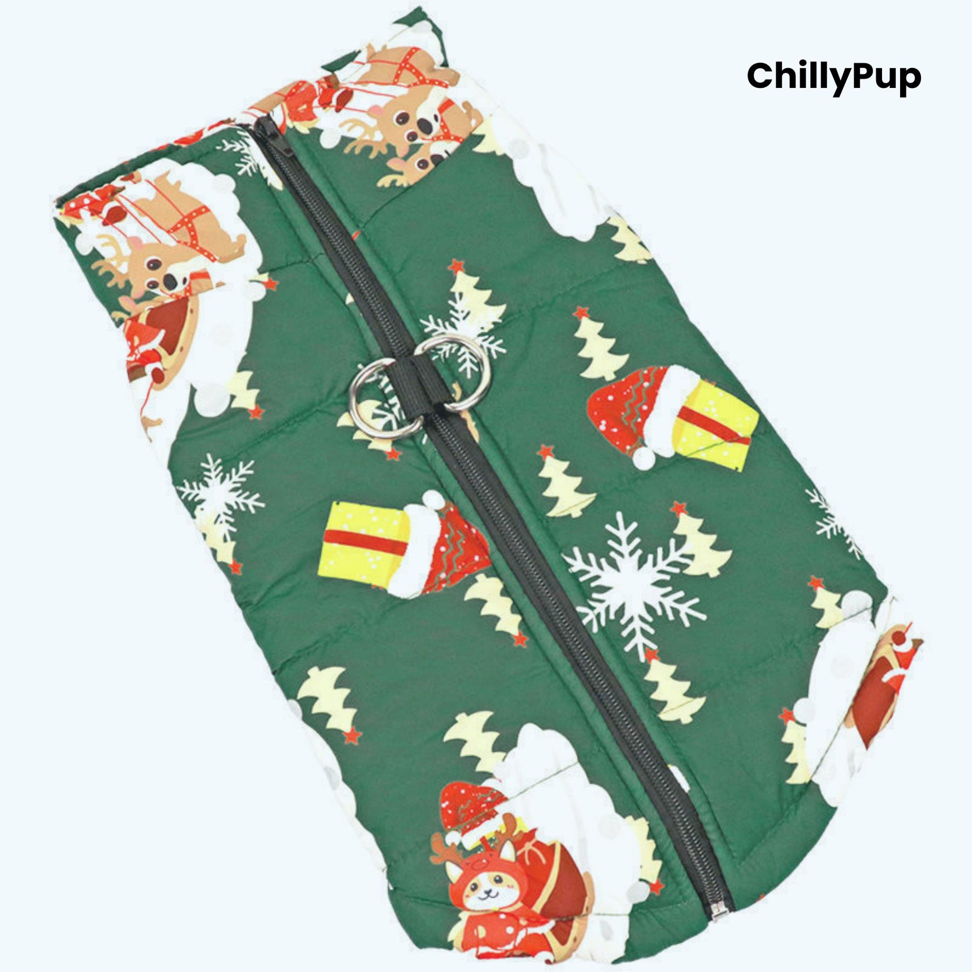 Green dog coat with Christmas-themed pattern on a white background, branded 'ChillyPup'.