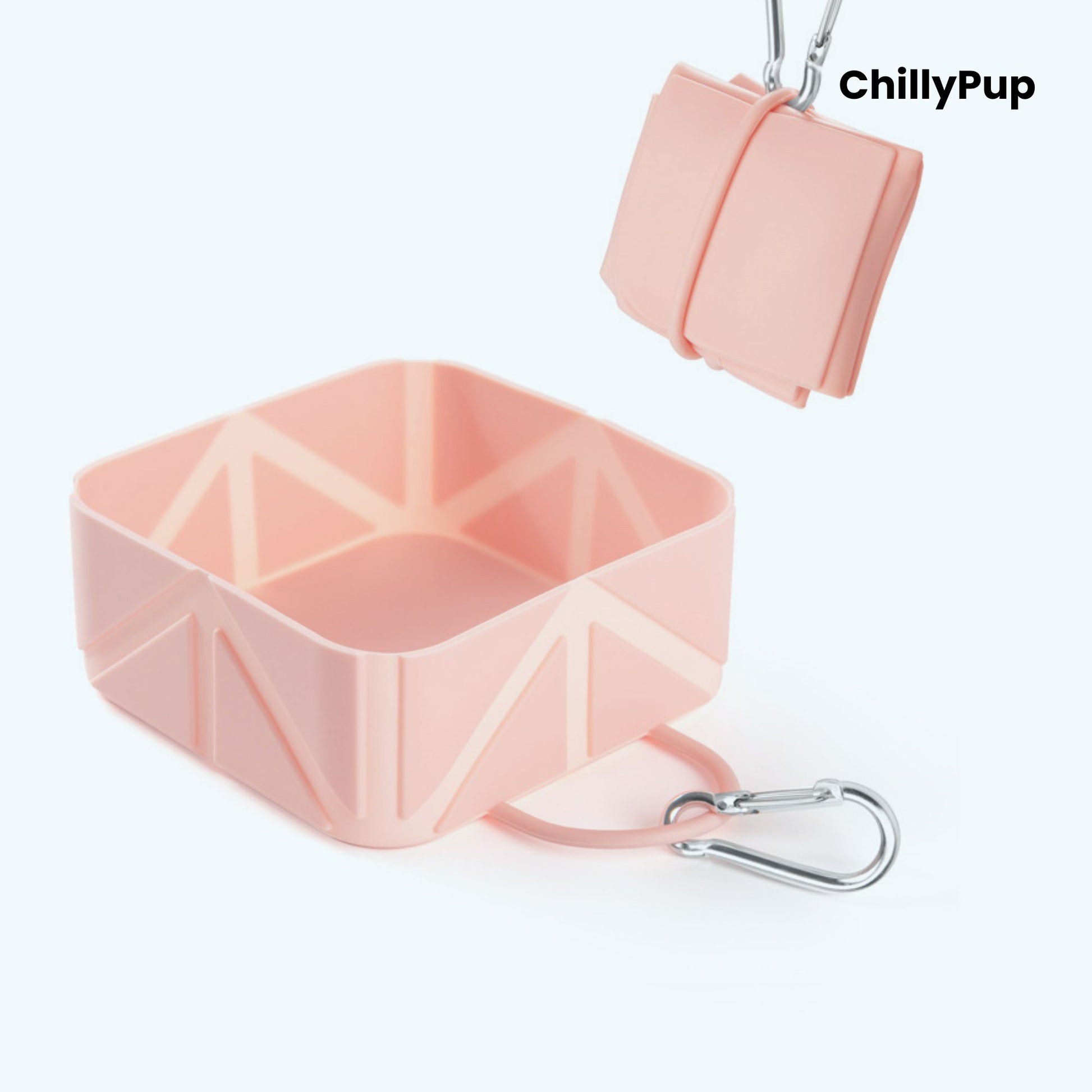 Pink foldable travel dog bowl with ChillyPup branding.