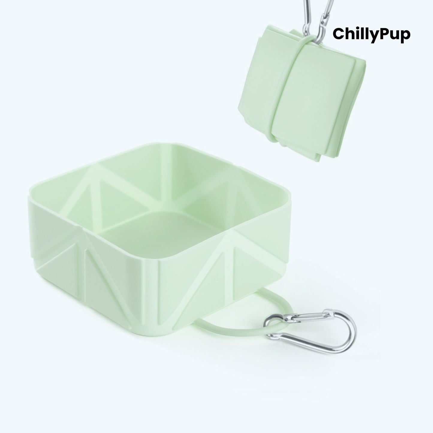 Green foldable travel dog bowl with ChillyPup branding.