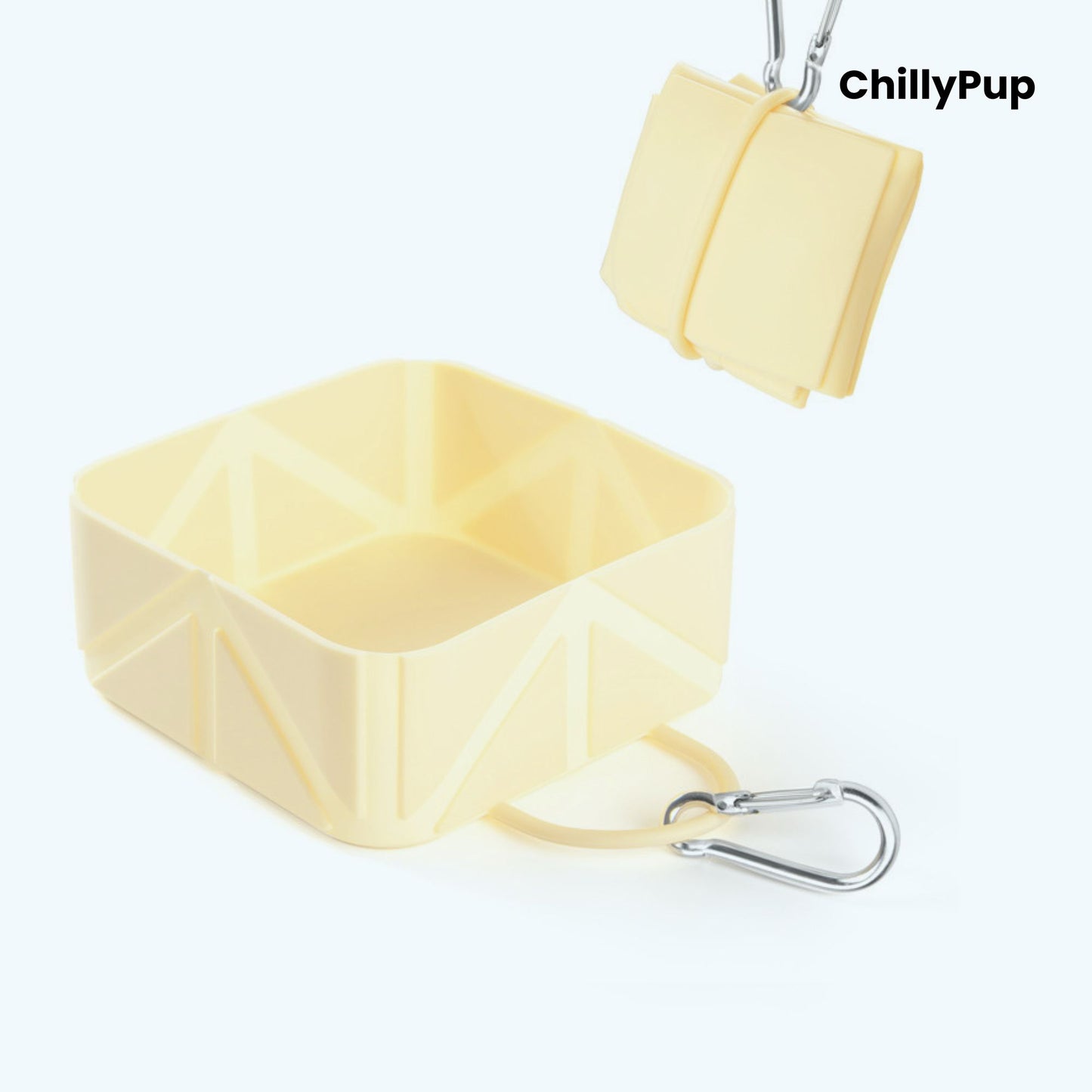 Yellow foldable travel dog bowl with ChillyPup branding.