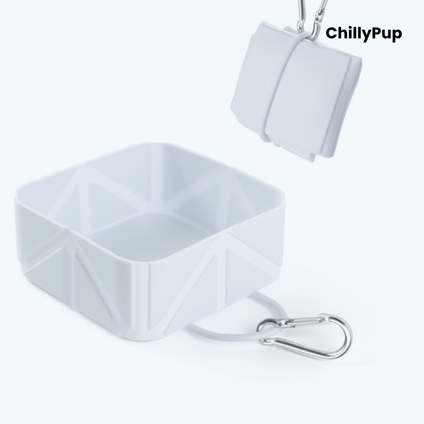 White foldable travel dog bowl with ChillyPup branding.