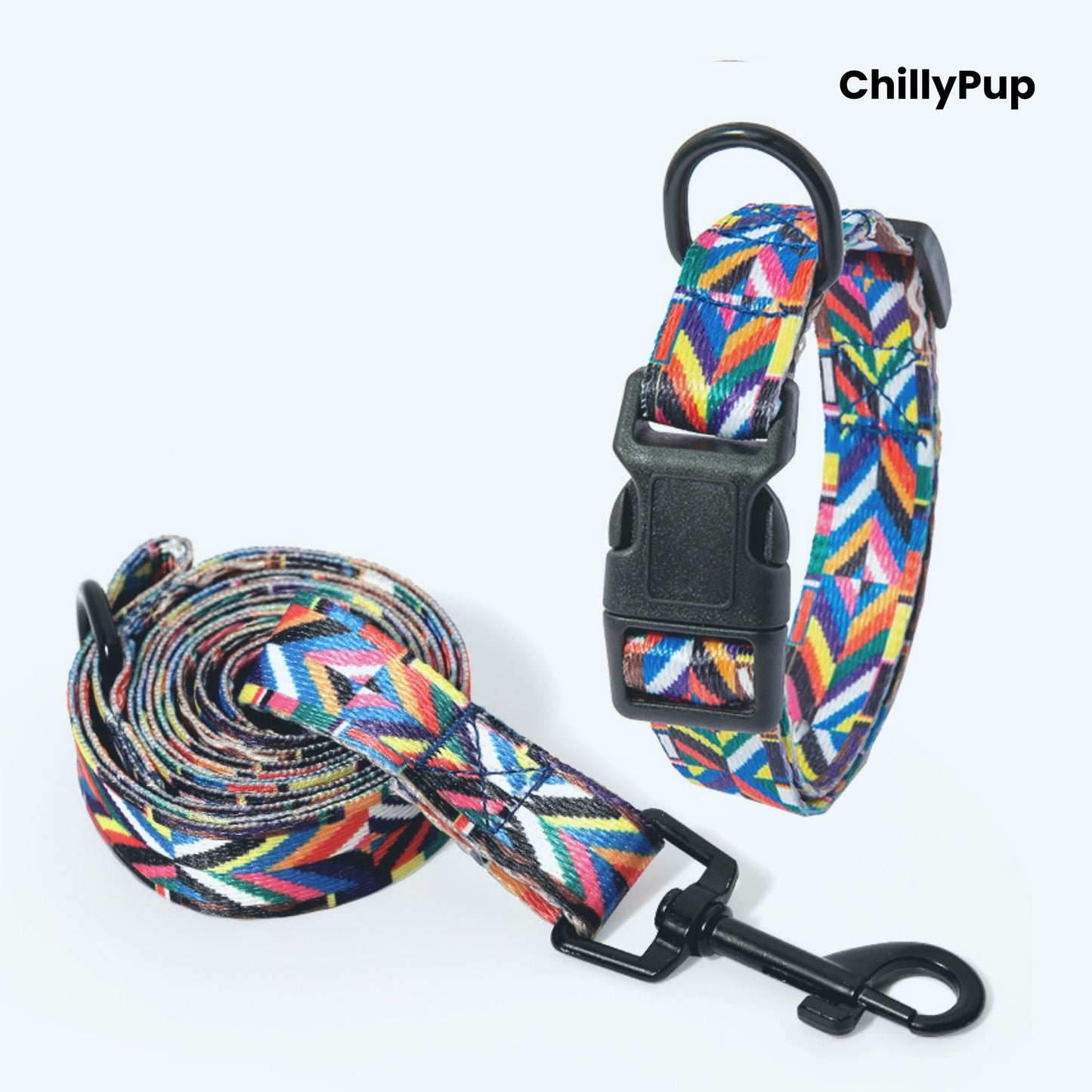 Colourful dog Lead and collar set with geometric pattern on a white background, branded 'ChillyPup'.