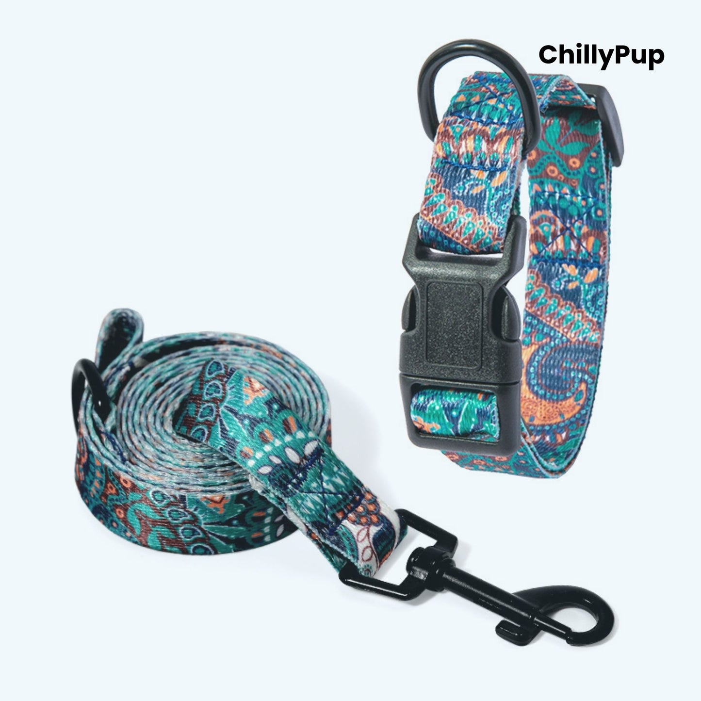 Colourful dog Lead and collar set with geometric pattern on a white background, branded 'ChillyPup'.
