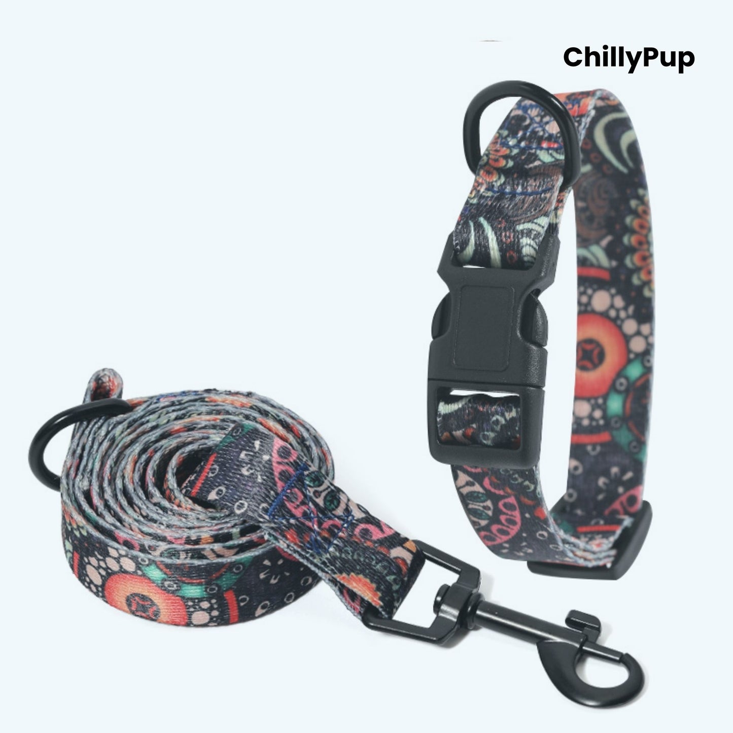 Colourful dog Lead and collar set with geometric pattern on a white background, branded 'ChillyPup'.