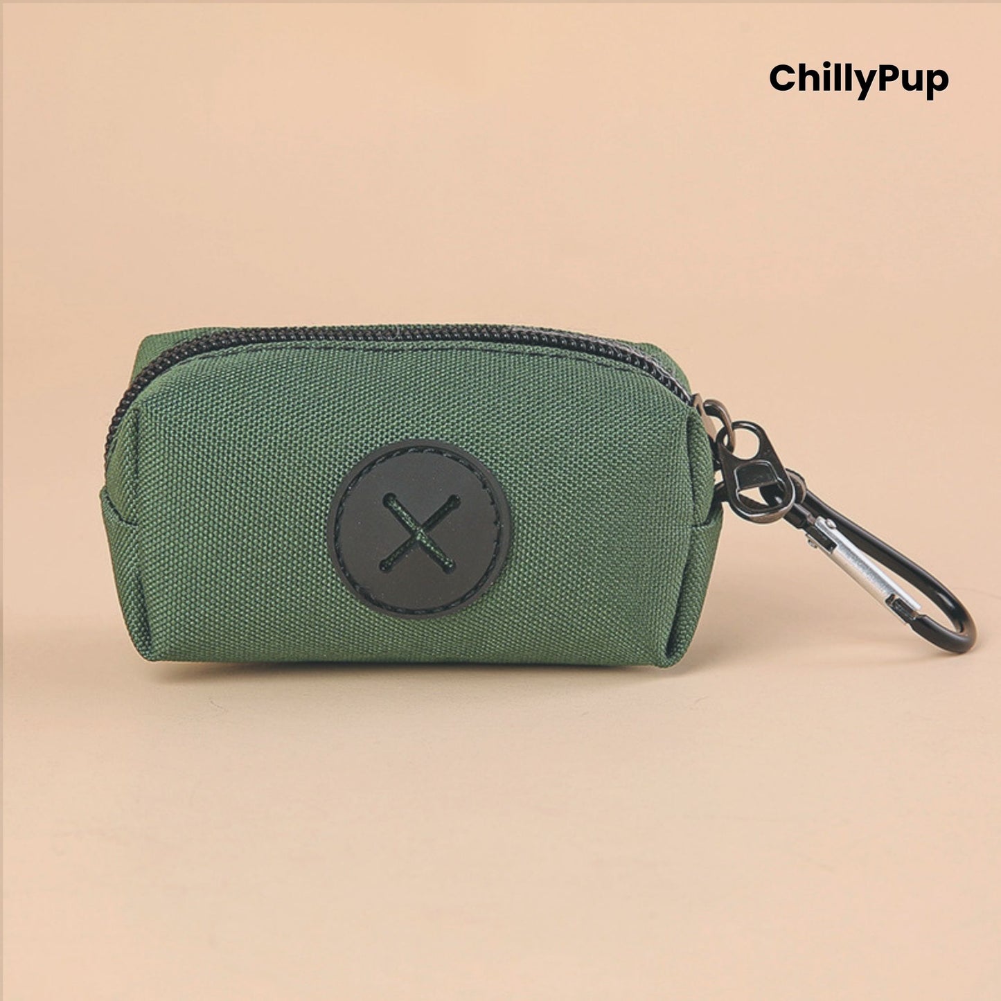 Green Poo Bag Holder with black zipper and carabiner on a beige background, featuring the brand 'ChillyPup'.