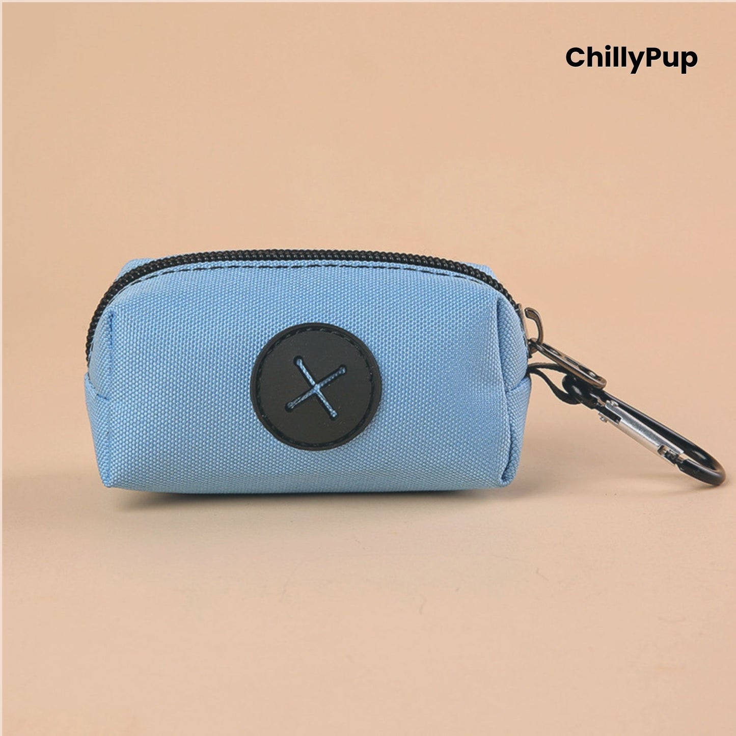 Blue Poo Bag Holder with black zipper and carabiner on a beige background, featuring the brand 'ChillyPup'.