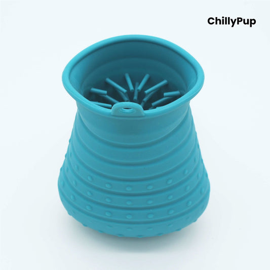 Blue silicone dog Paw cleaner with 'ChillyPup' branding on a white background