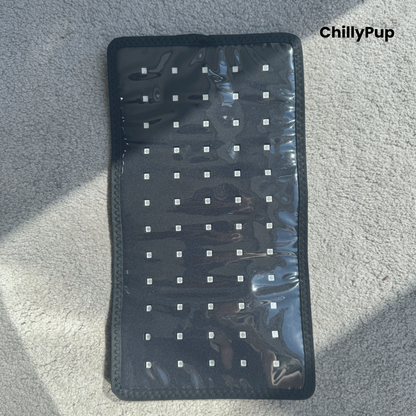 A black Redlight pad with a clear plastic cover and rows of small white LED's, laid flat on a grey textured carpet. The brand name 'ChillyPup' is visible in the top right corner.