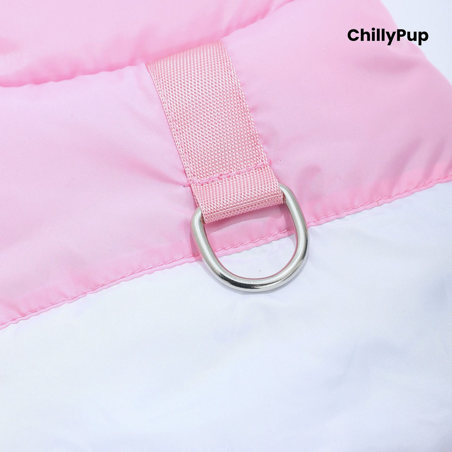 Dog coat with build in D rinf on a white background with Chillpup branding