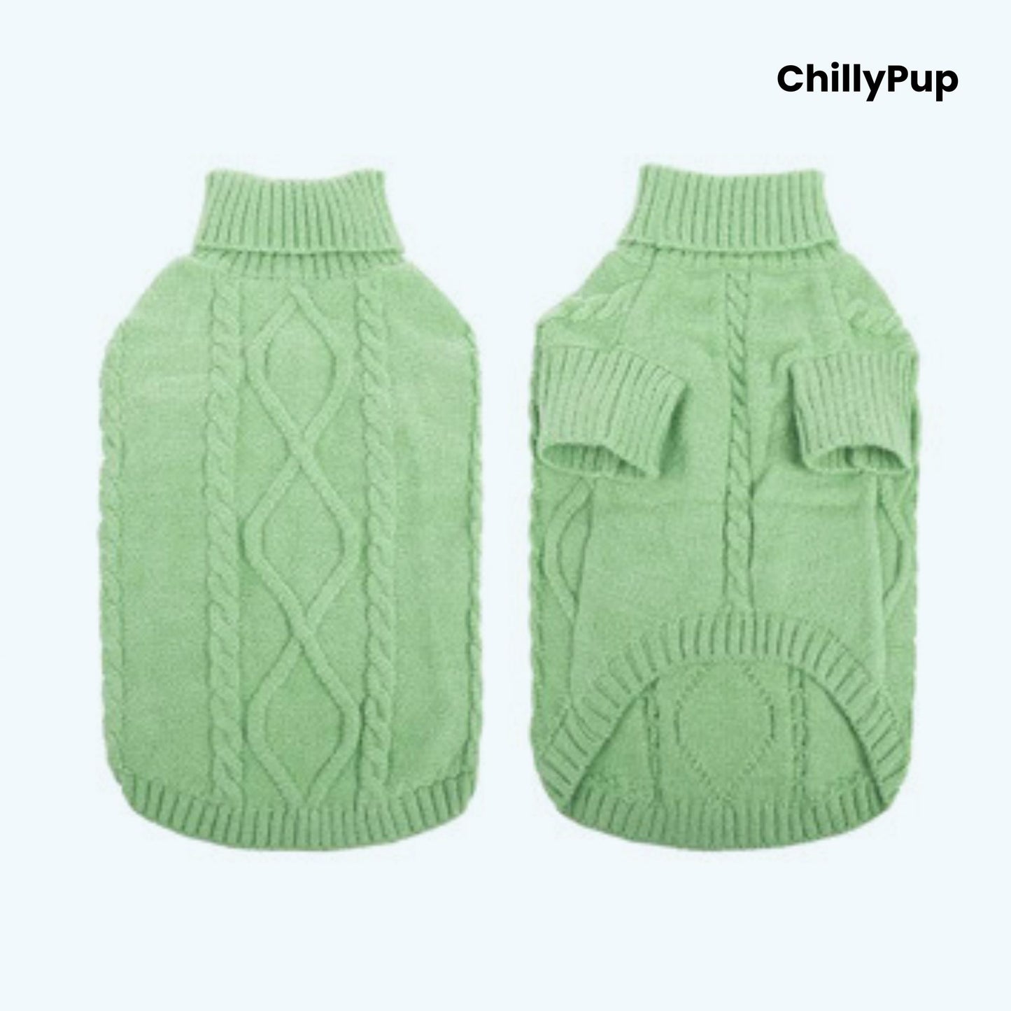 Cosy Cable-Knit Dog Jumper both sides with ChillyPup banding on a white background.