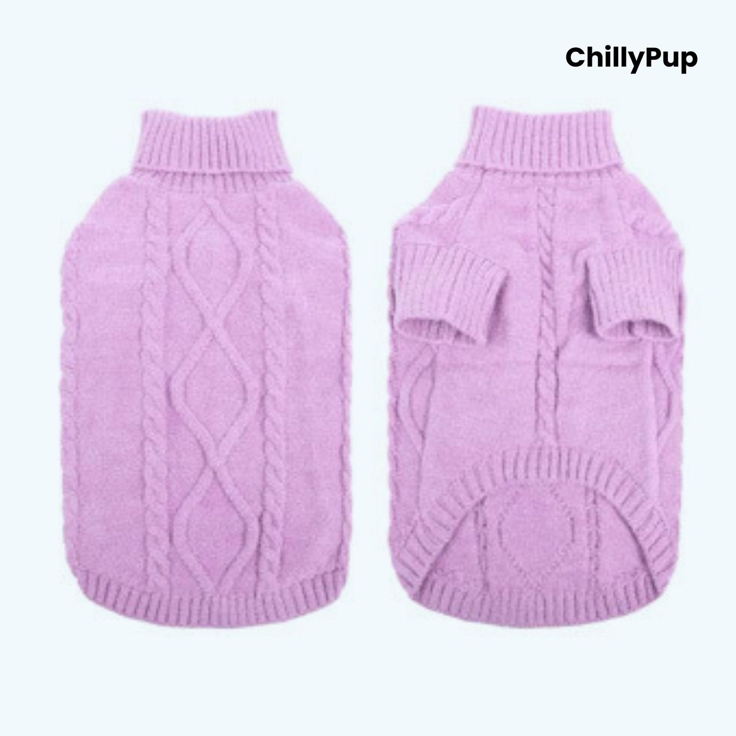 Cosy Cable-Knit Dog Jumper both sides with ChillyPup banding on a white background.