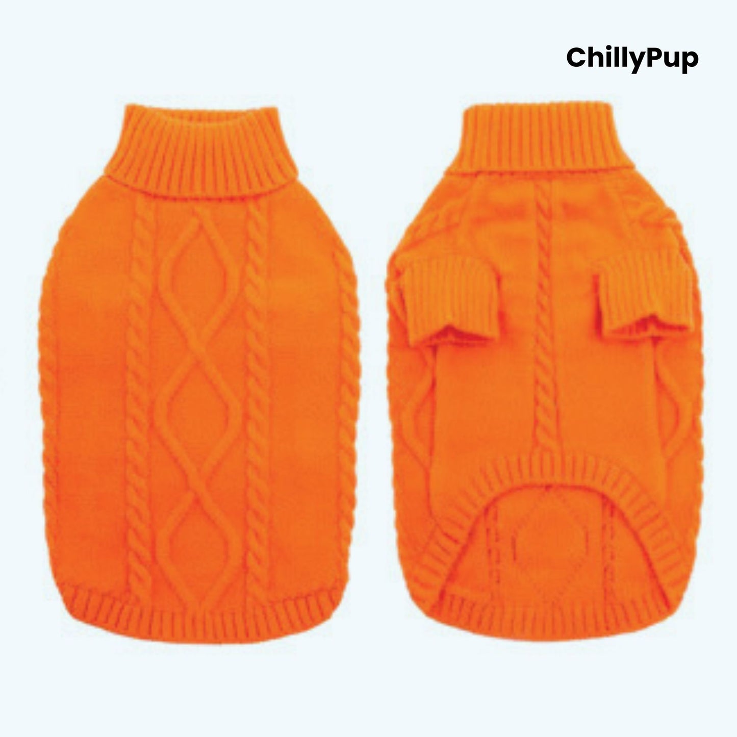 Cosy Cable-Knit Dog Jumper both sides with ChillyPup banding on a white background.