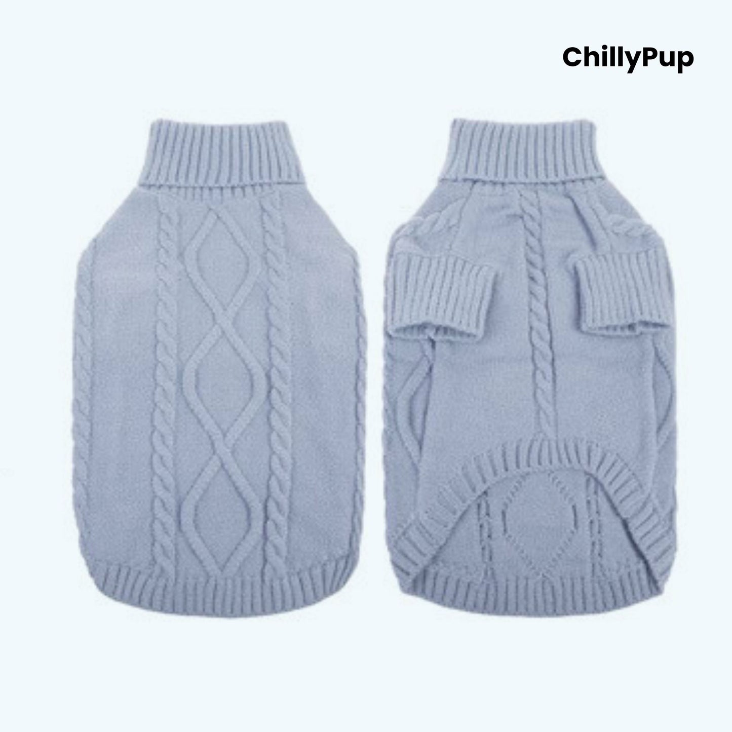 Cosy Cable-Knit Dog Jumper both sides with ChillyPup banding on a white background.