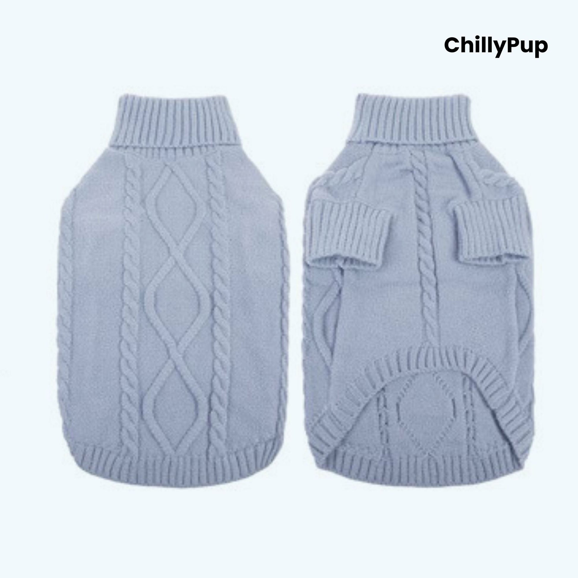 Cosy Cable-Knit Dog Jumper both sides with ChillyPup banding on a white background.