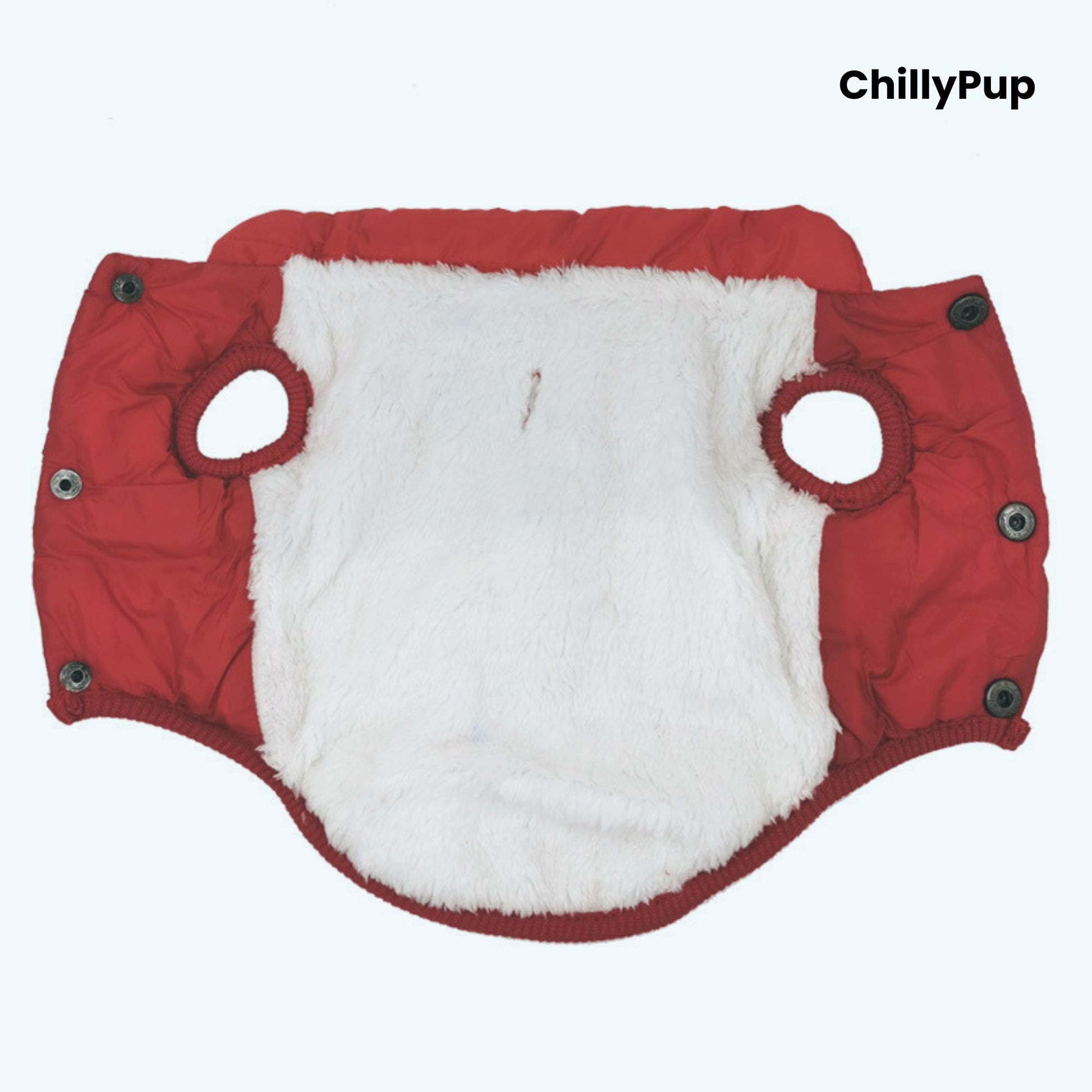 Red dog coat with 'ChillyPup' branding on a white background