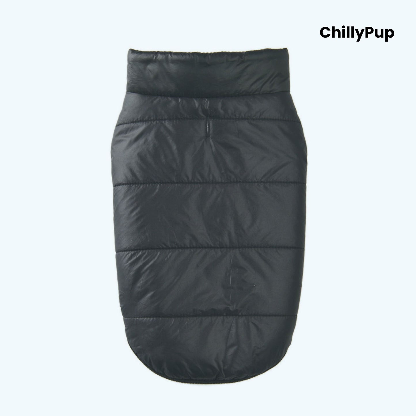 Black dog coat with 'ChillyPup' branding on a white background