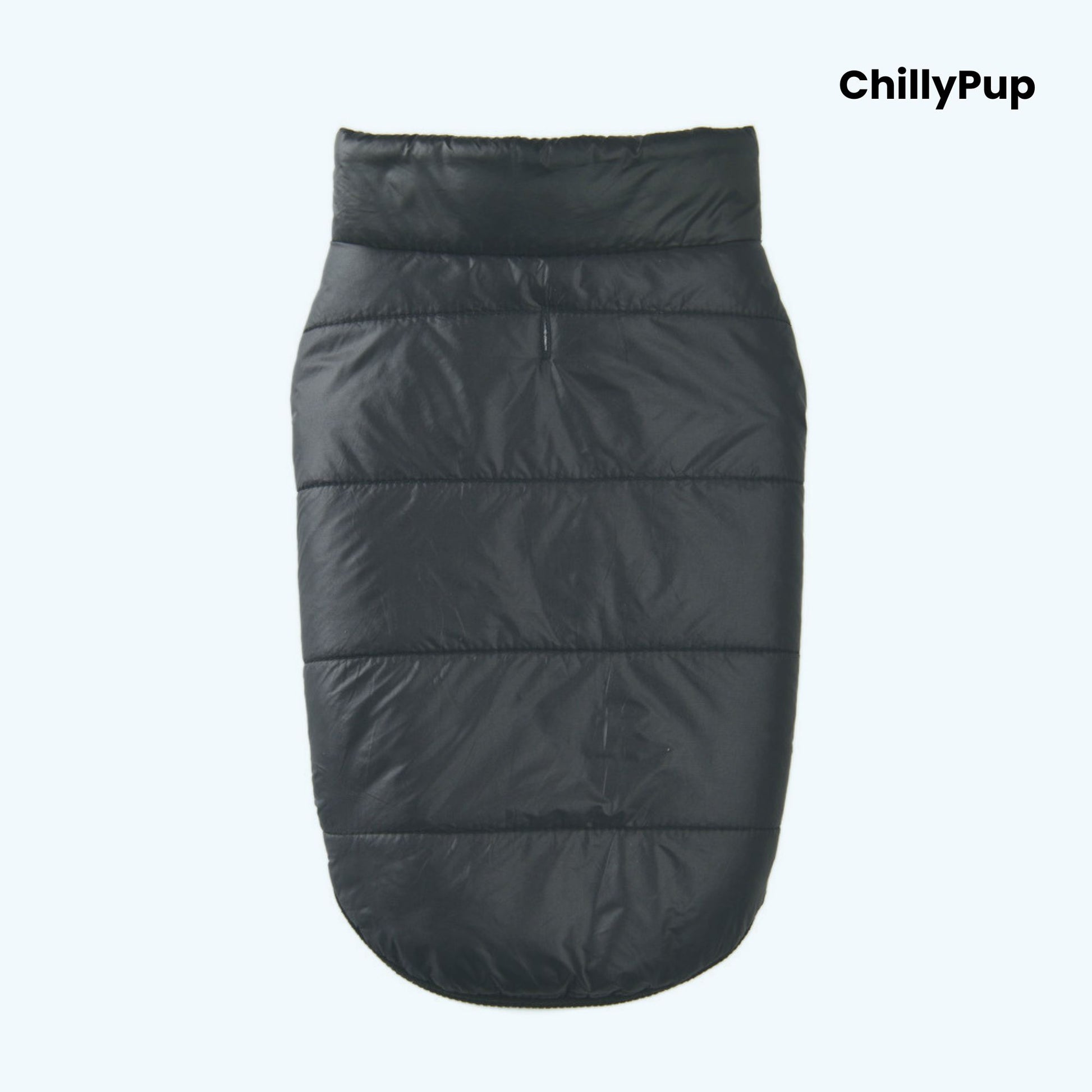 Black dog coat with 'ChillyPup' branding on a white background