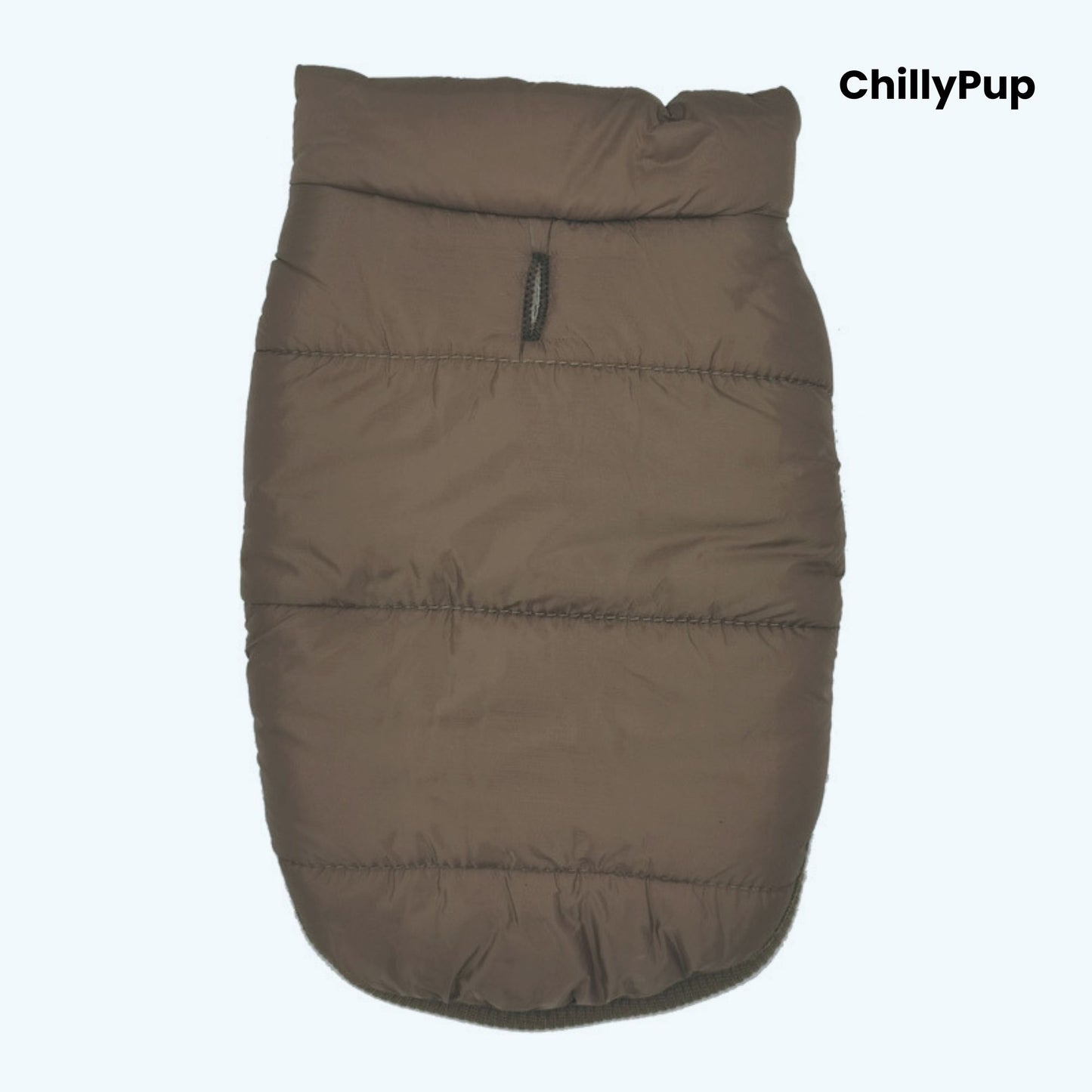 Brown dog coat with 'ChillyPup' branding on a white background
