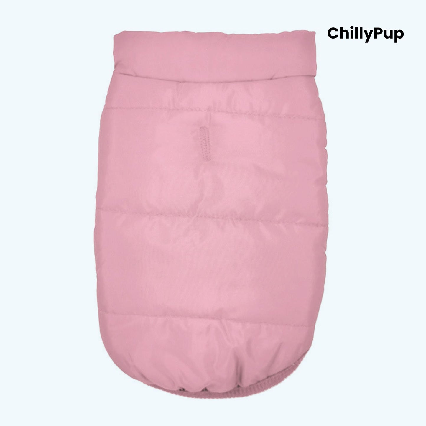 Pink dog coat with 'ChillyPup' branding on a white background