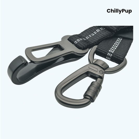 Dog Car Seat lead with with carabiner and clip on a white background with Chillypup branding'.