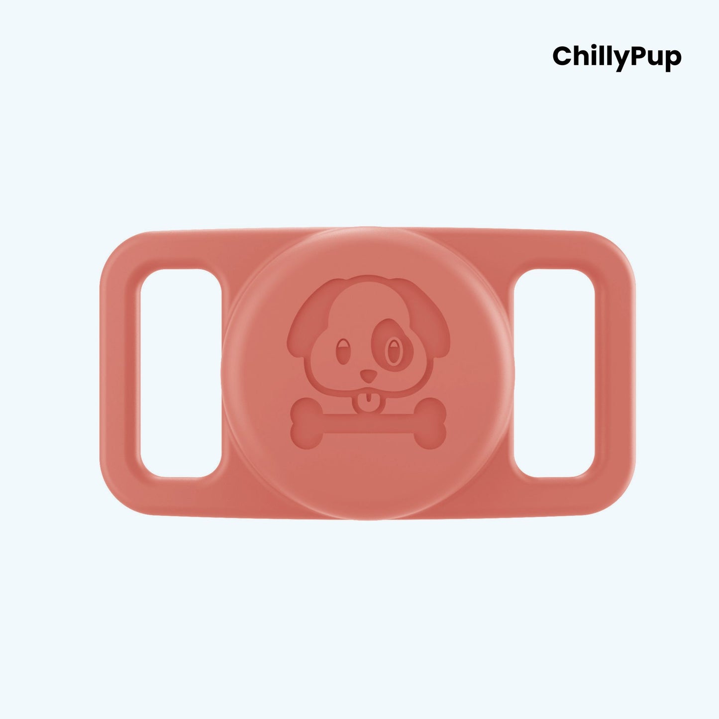 red airtag holder for collar with 'ChillyPup' branding on a light purple background