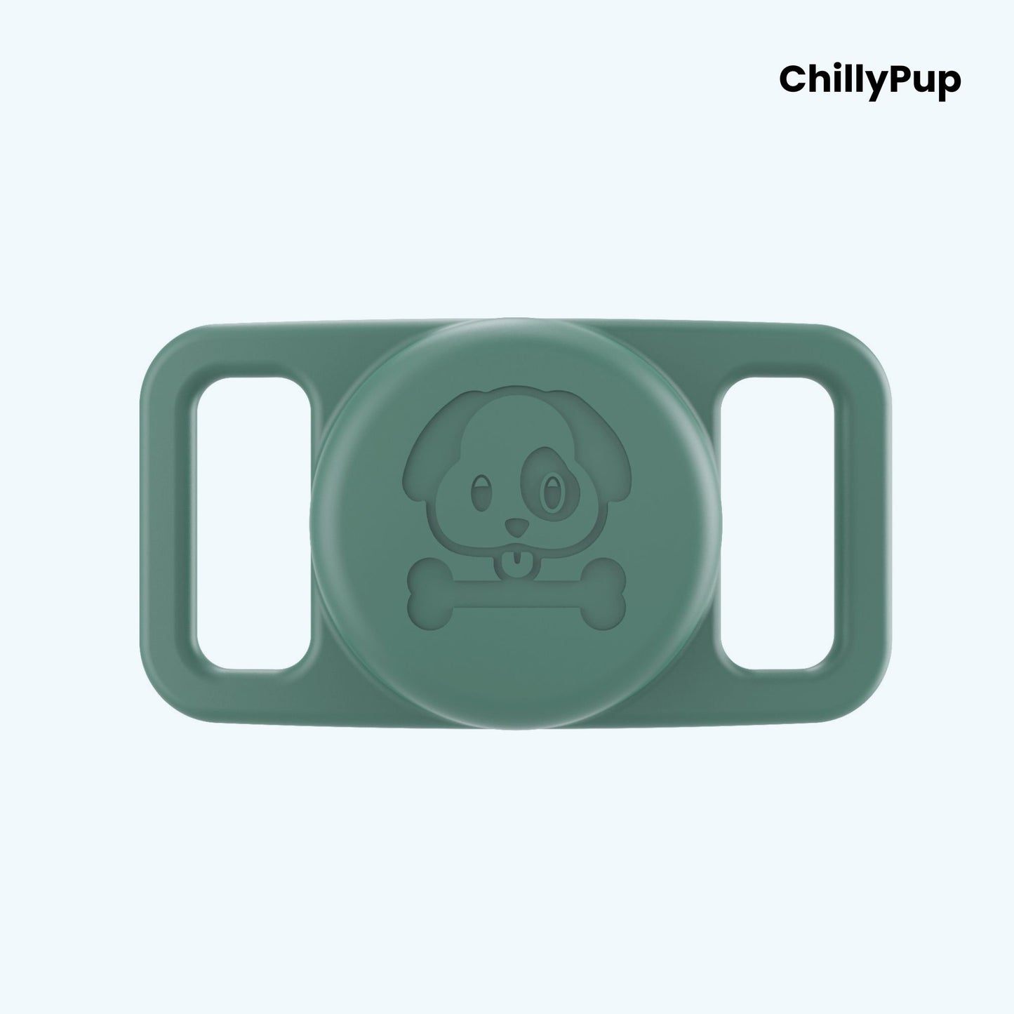 Green airtag holder for collar with 'ChillyPup' branding on a light purple background