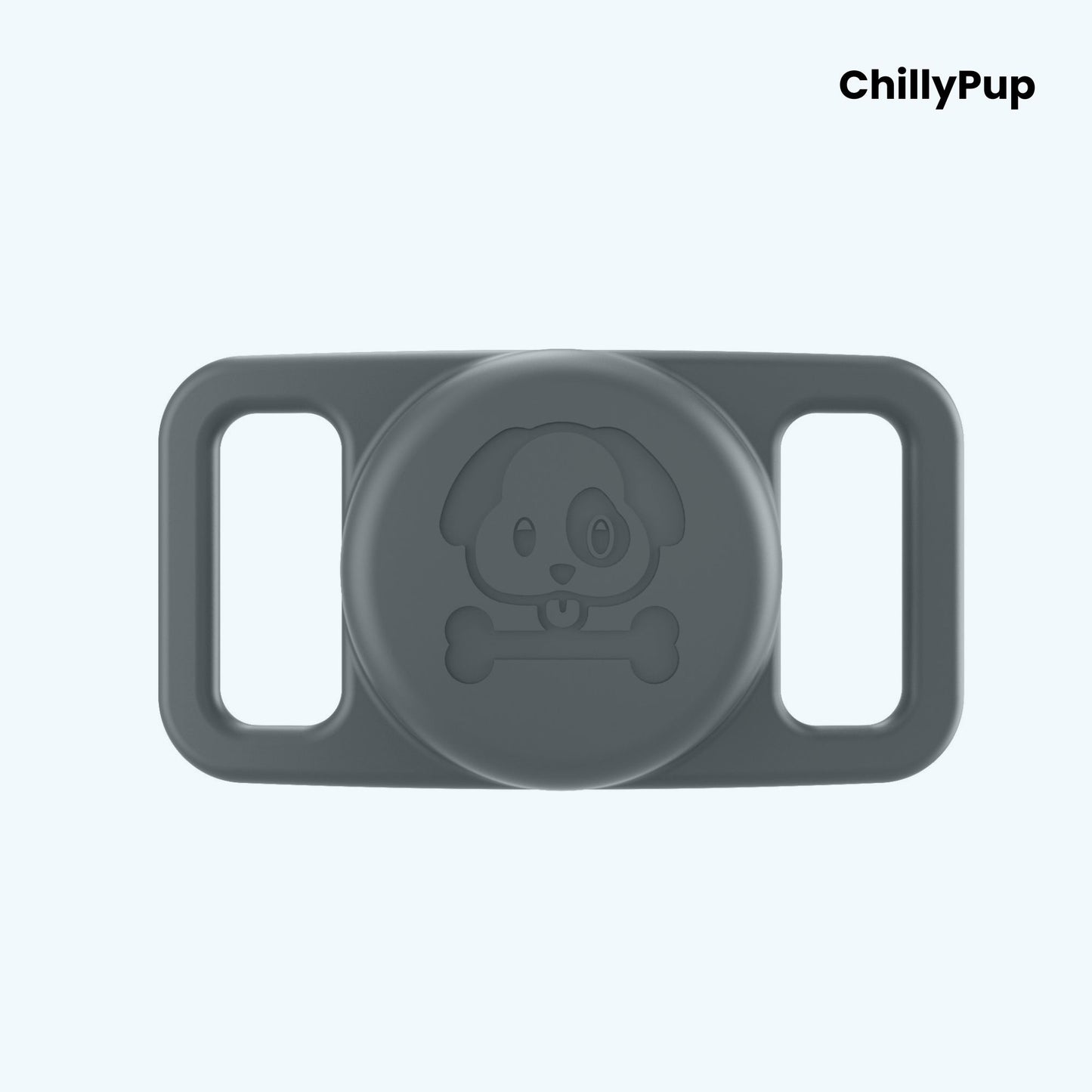 Grey airtag holder for collar with 'ChillyPup' branding on a light purple background