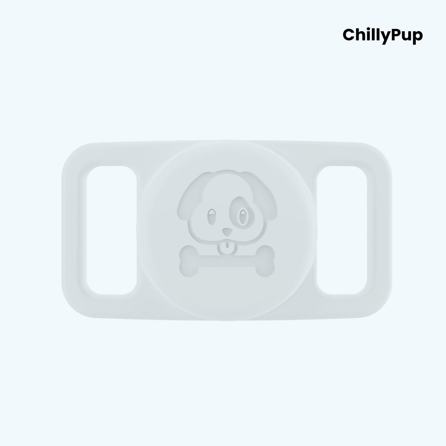 White airtag holder for collar with 'ChillyPup' branding on a light purple background